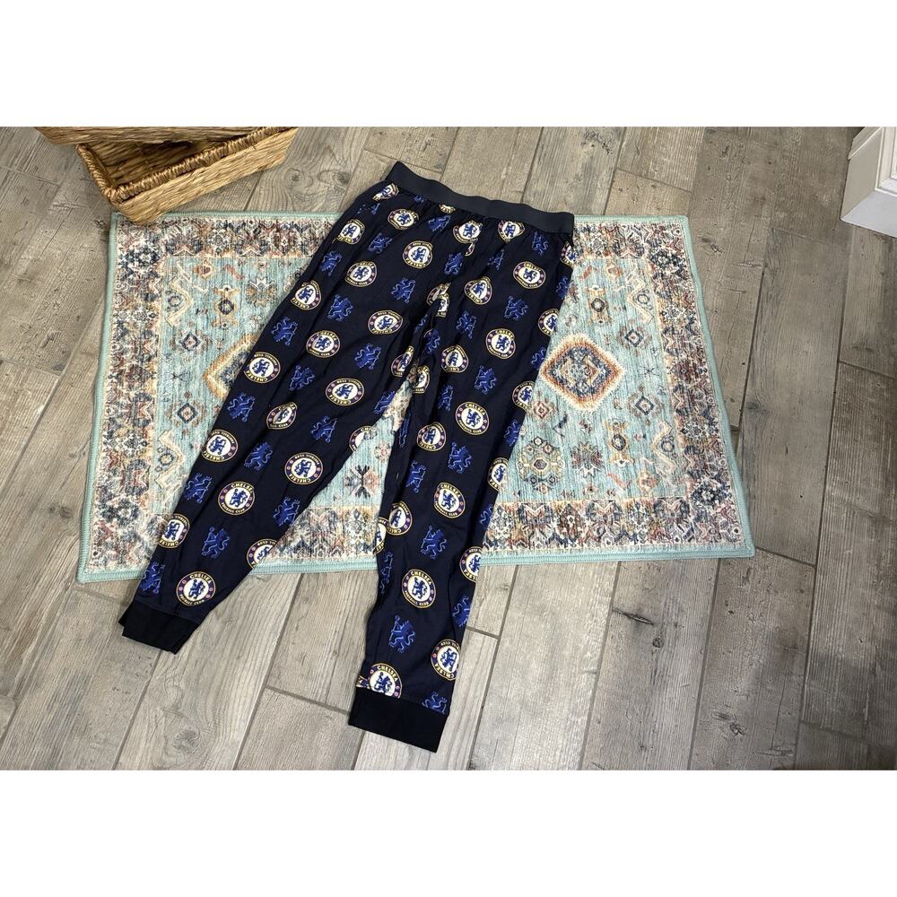 Chelsea FC Official Mens Lounge Pants - Navy Blue Crest Print - Size Medium